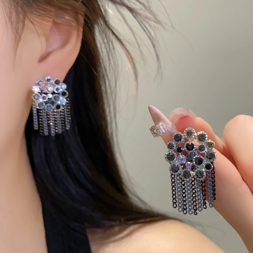 Multi Round Stone Chain Tassel Drop Earring Floral Stone Chain Fringe Earring for Women Banquet Outfit Jewelry