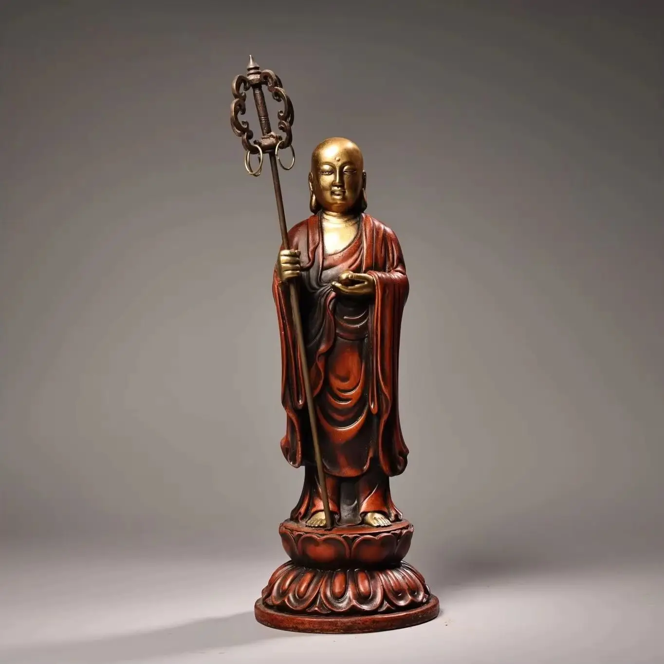

10"Xizang Folk Old Bronze Gilded High Relief Ksitigarbha Bodhisattva Amitabha Buddha Worship Hall Town house