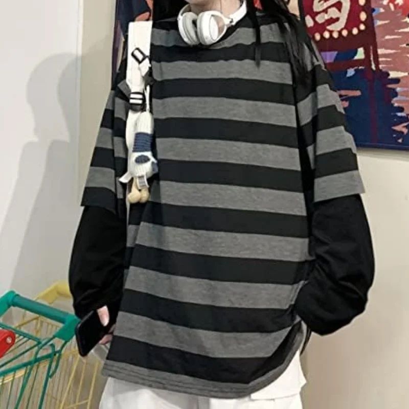 Y2k Gestreiftes Sweatshirt Tops Patchwork Gothic Grunge Langarm Übergroßes T-Shirt Harajuku Streetwear Academia Hip Hop T-Shirt