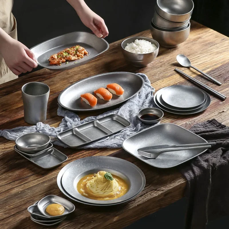 Vintage Stainless Steel Industrial Style Tableware Outdoor Camping Barbecue Metal Bowl Condiment Dish Restaurant Snack Dishes