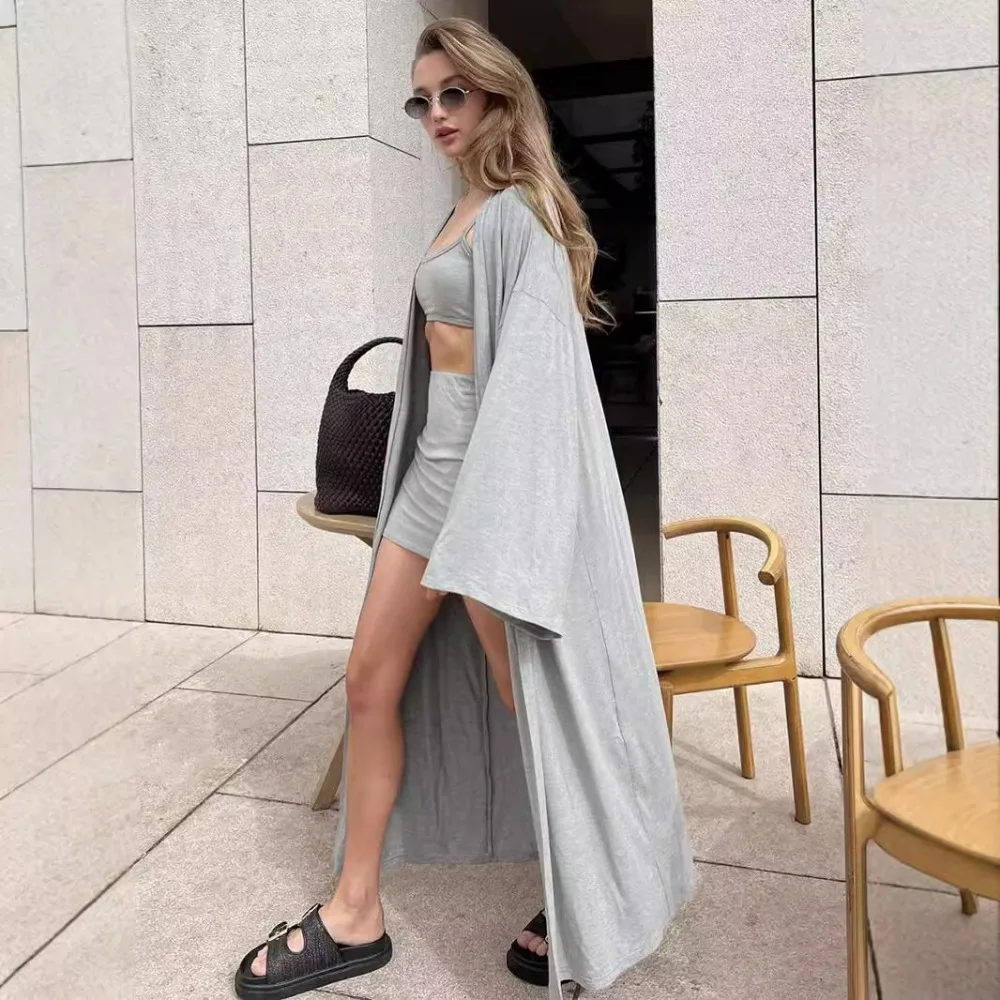 Spring Autumn Women's Three Piece Sets Cardigan Vest Short Skirt Casual Modal Long Sleeve Coat Camisole High Waist Skirt Set