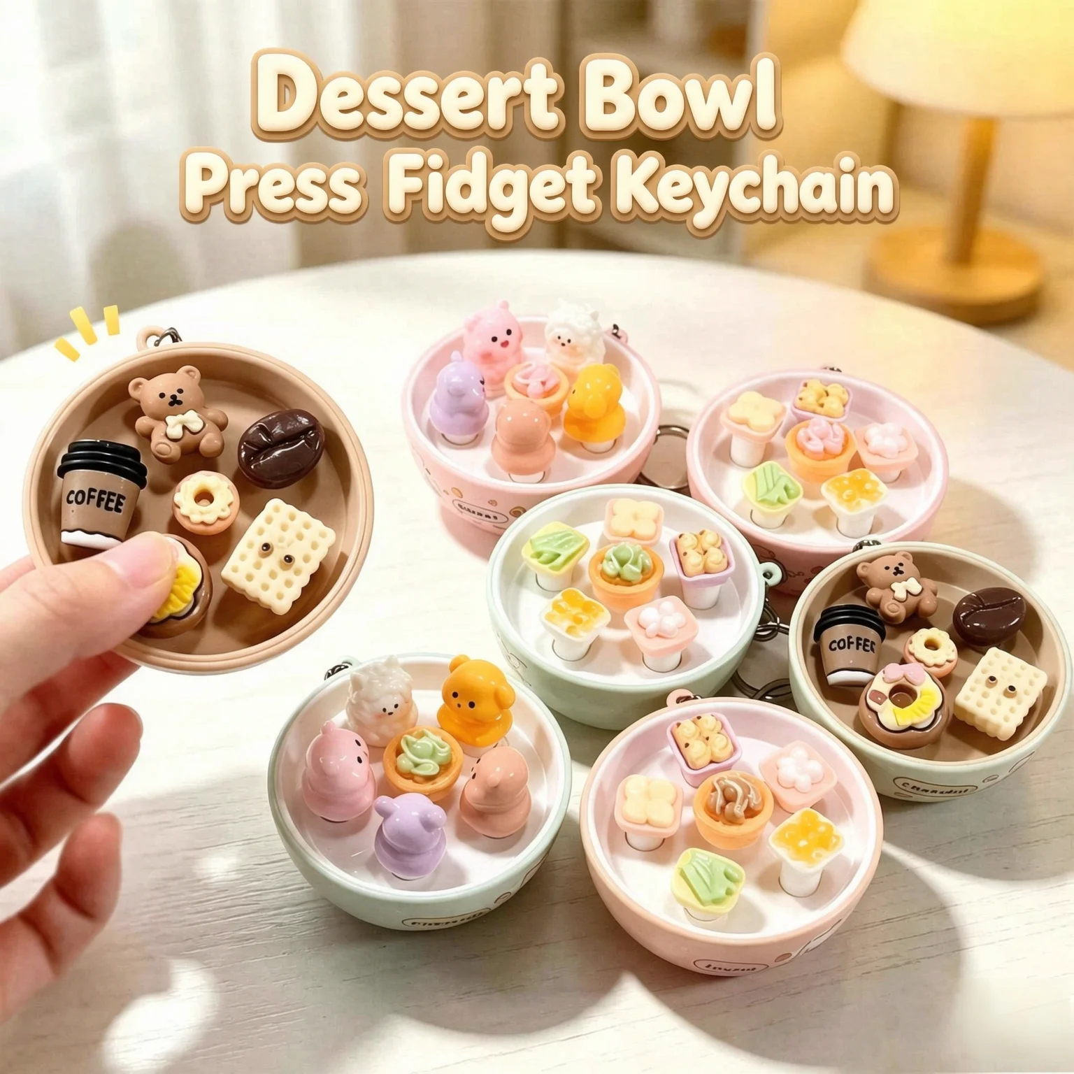 Mini Simulation Dessert Bowl Push Fidget Keychain Sensory Stress Relief Toy Backpack Charm Pendant Bag Decoration Random 1PC