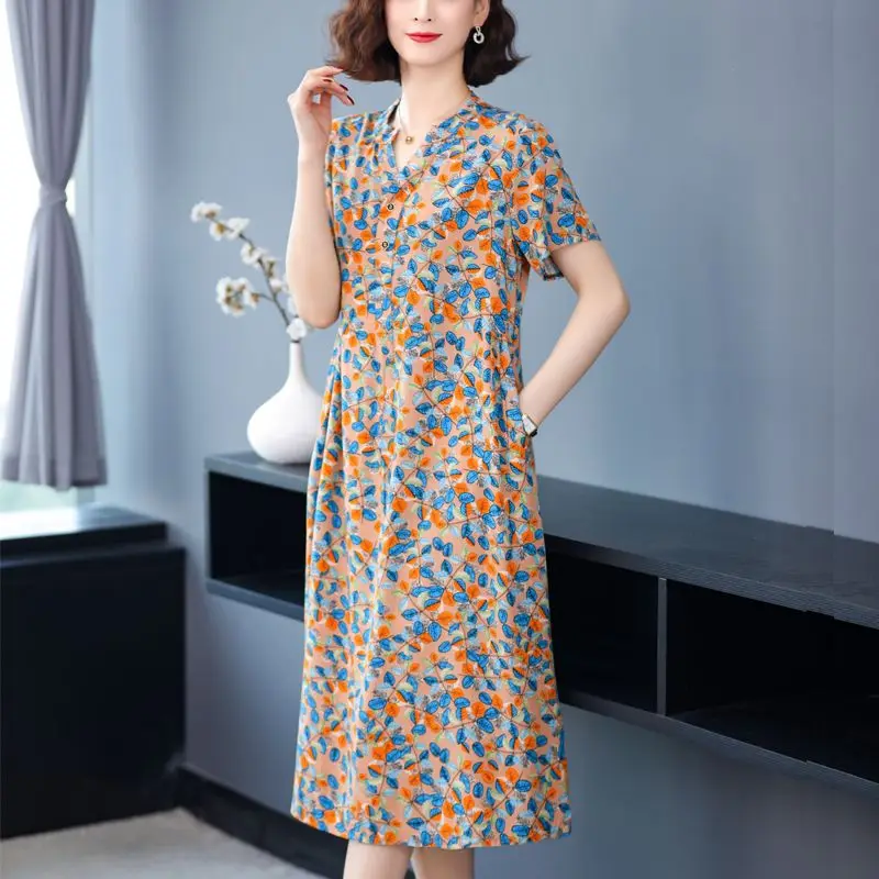 

2024 Summer Women New Loose Flower Print Dresses Female V-neck Long Pockets Vestidos Ladies Short Sleeve A-line Dress N139