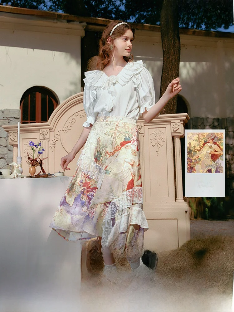 

TWO THINGS DRENG GALLERY Весна 2026 Новая винтажная асимметричная юбка с кружевными вставками и принтом, с завышенной талией, из полиэфирного волокна