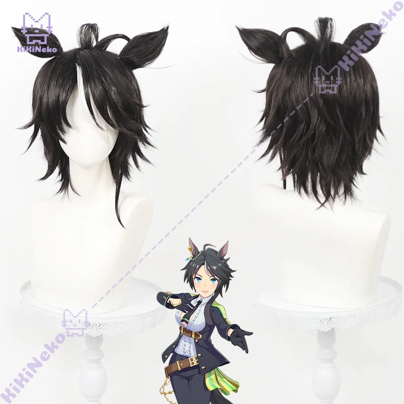 Anime Pretty Derby Fuji Kiseki Cosplay Wig Short Black Hair with White Highlights Cosplay Hair For Hallowmas Party Adult