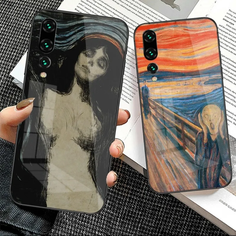 Munch Vintage Oil Painting Phone Case for Huawei P50 P40 P30 P20 Pro Mate 40 30 20 Pro Nova 9 8 7 PC Glass Phone Cover