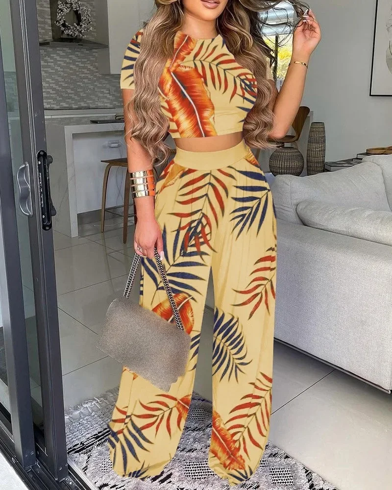 Africa Clothing African Clothes for Women Summer Fashion Africa Short Sleeve O-neck Print 2 Piece Top Pant Matching Sets Outfits