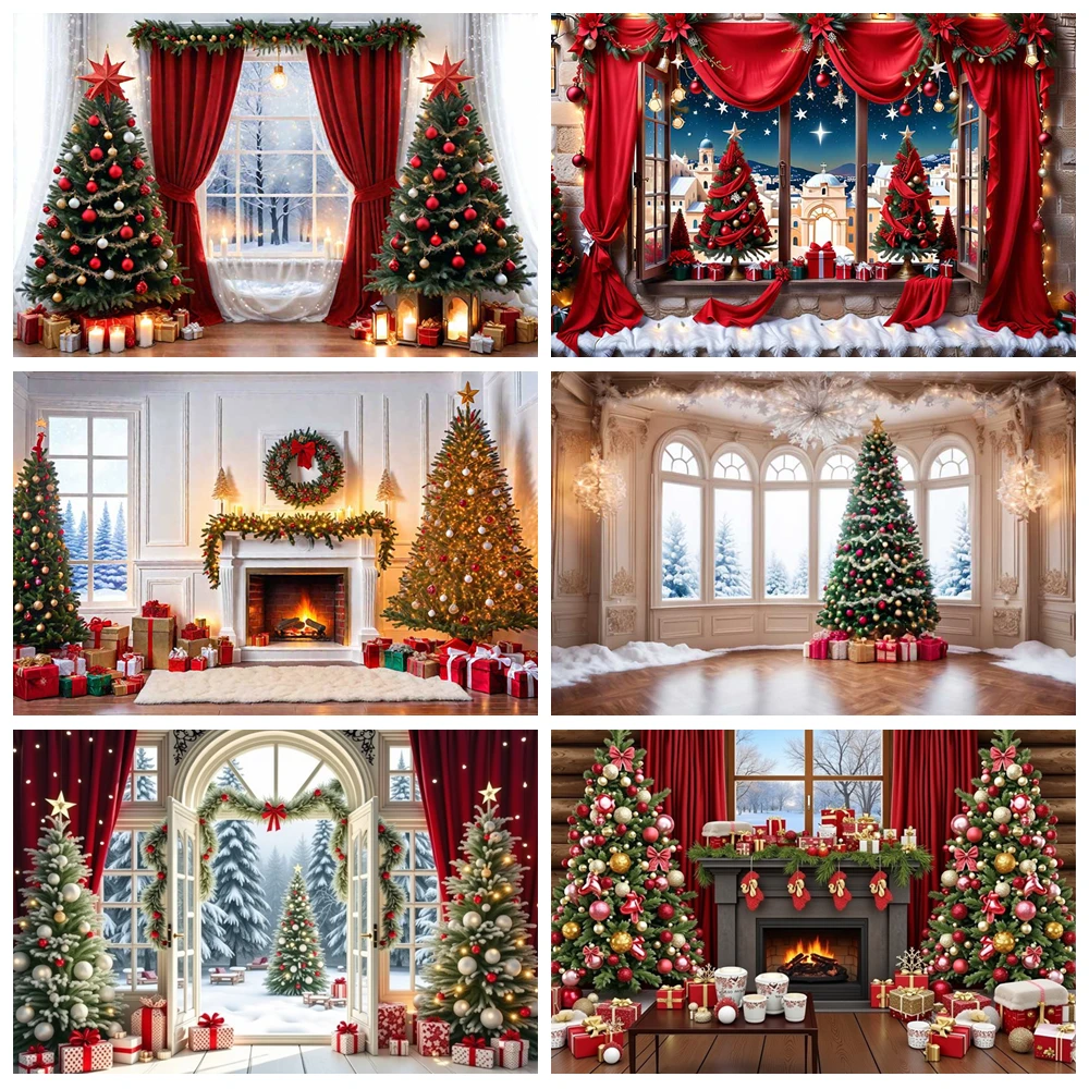 

MOON.QG Christmas Backdrops Xmas Trees Fireplace Red Curtains Backgrounds For Photographs Festival Shooting Props Party Decor
