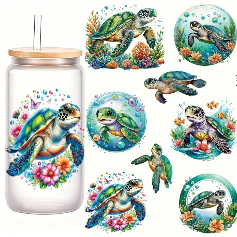 8pcs/Set Colorful Sea Turtle DIY Glass Jar Transfer Paper UV DTF High Self-Adhesive Transfer Paper Decorating Cups And Bottles