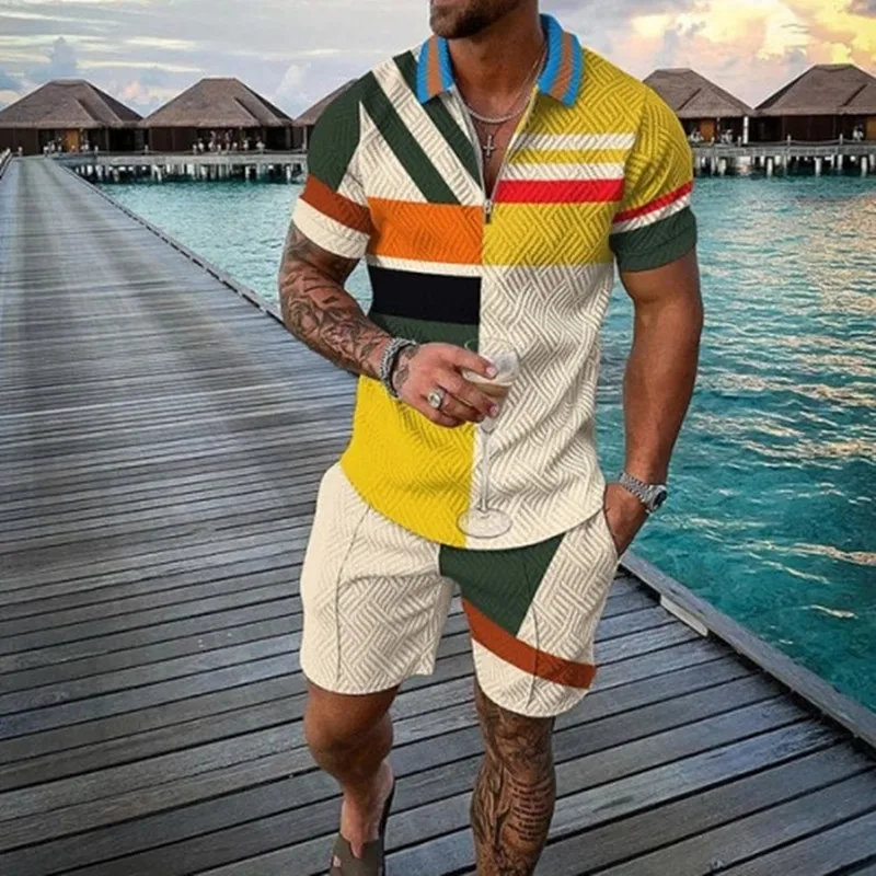 Men's Athletic T-Shirt Set Casual Mesh Lapel Short Sleeve Pullover Tops+Shorts 2-Piece Sporty flower shirt Suits 2pcs Sets