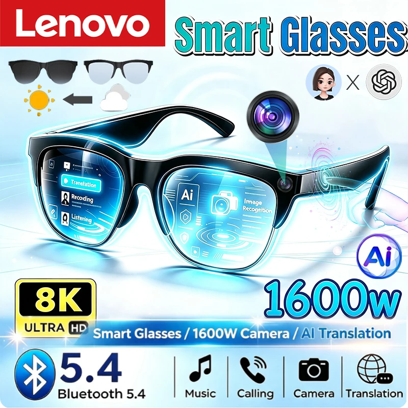 Lenovo Lichtempfindliche Farbwechsel-Smart-Brille Bluetooth-Sprachanrufe Kamera-Steuerung Musik-Kopfhörer UV-Polarisierte Sonnenbrille