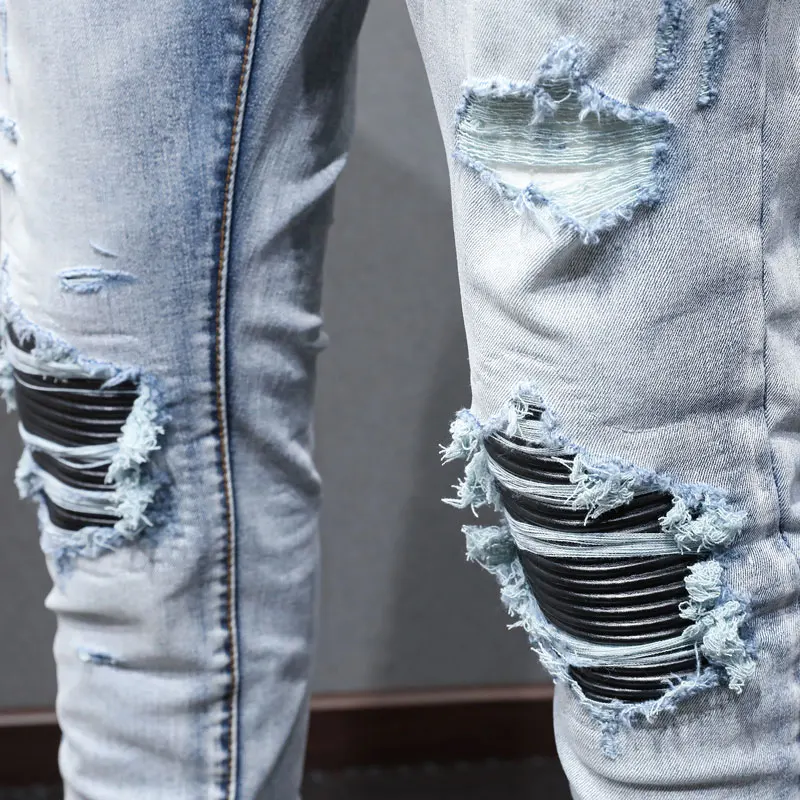 

designer's new men's jeans, washed, nostalgic, perforated, patchwork, jeans, high street hip-Y2K hop brand, high-quality ela
