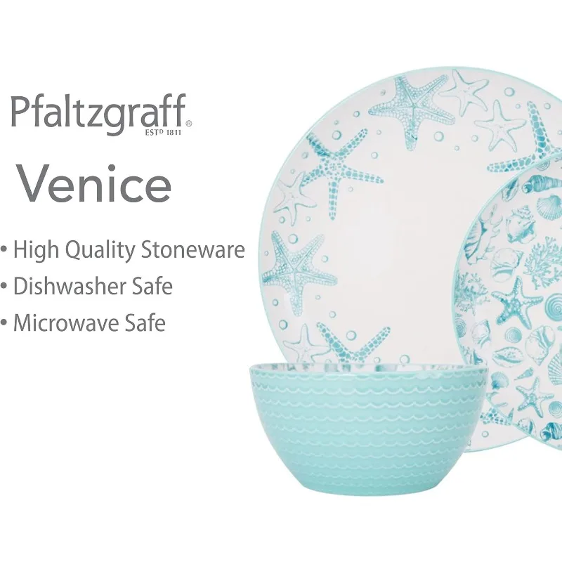 Pfaltzgraff Venise-Service de vaisselle en grès, 16 pièces, service pour 4, Aqua/White-