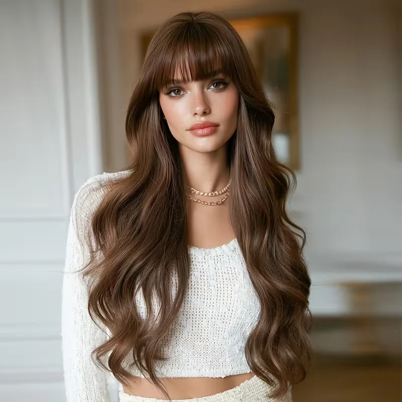 Chestnut brown long wavy wig with bangs European and American women's smooth wavy bangs wig