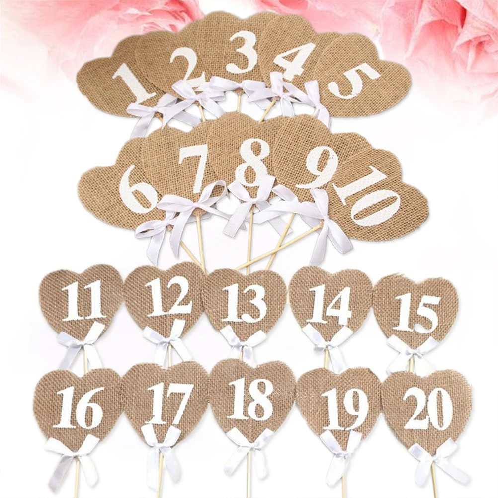 

20Pcs Burlap Table Number Cards Heart Shaped Wedding Place Cards 8.5x9cm Elegant Romantic Decoration for Anniversary Festivals
