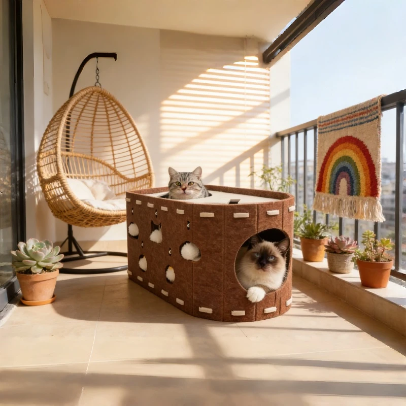 

2 in 1 Cat Bed and Scratcher Interactive Self Play Toy Double Layer Felt Cat Cave All Season Universal Barrel Shape Nest