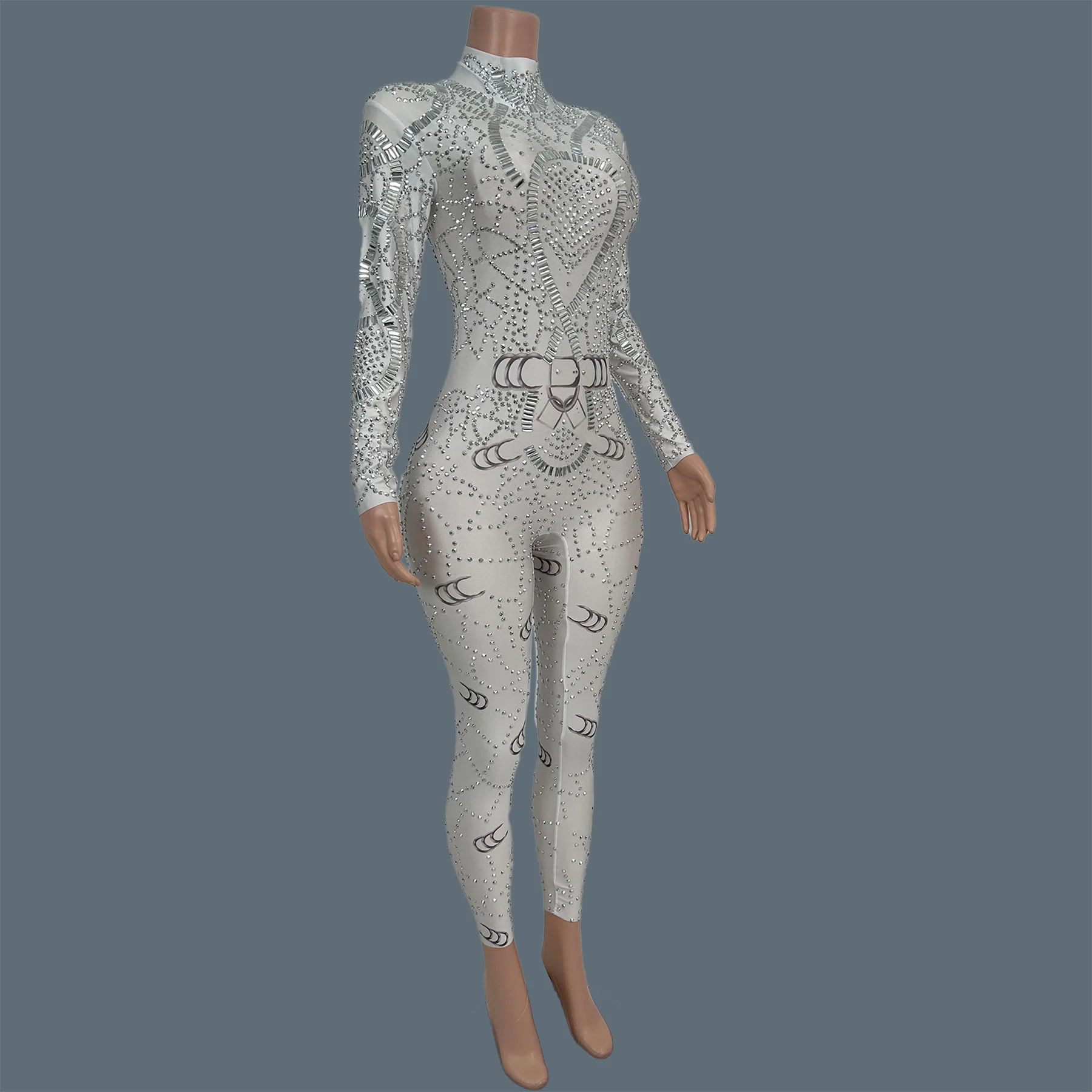 Women Tight Fitting Sparkly Jumpsuit Rhinestone Night Club Party Dance Stage Outfit Sexy Spandex Elastic Sxey Costume Baihuan