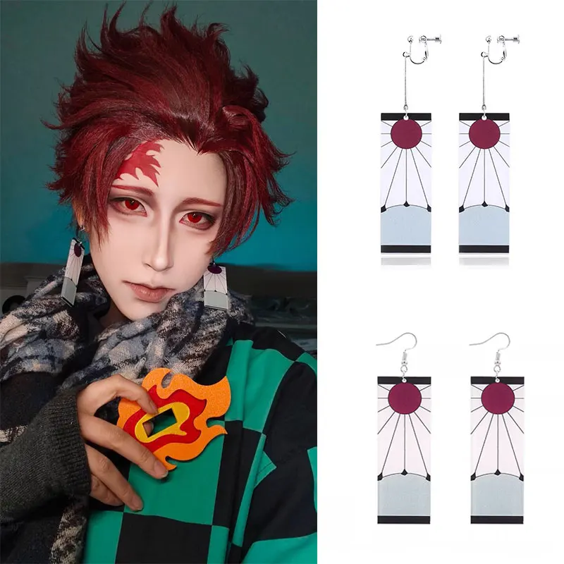 

Anime Demon Slayer Kimetsu No Yaiba Kamado Tanjirou Earrings Acrylic Clip Drop Long Ear Jewelry Cosplay Props Accessories Gift