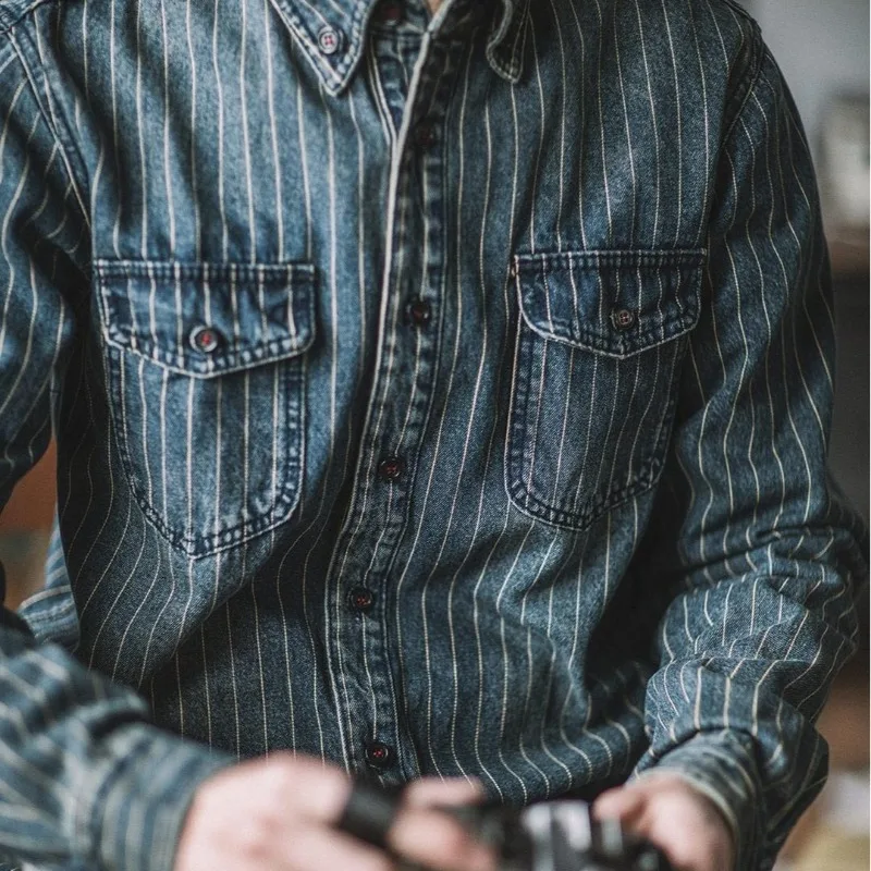 قميص دينم مخطط عمودي عتيق على الطراز الأمريكي، قميص ثقيل بأكمام طويلة على شكل قضيب كاكي