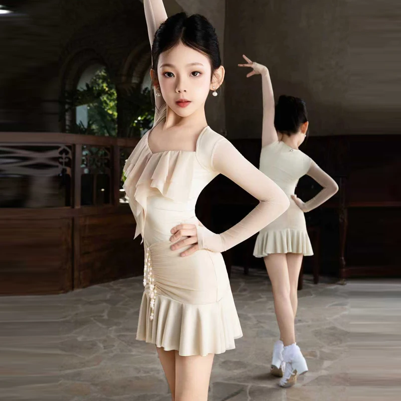 2025 جديد شبكة الأكمام اللاتينية أداء الرقص فستان الفتيات رومبا اللاتينية ملابس الرقص الأطفال قاعة الرقص أزياء SL14683 #5