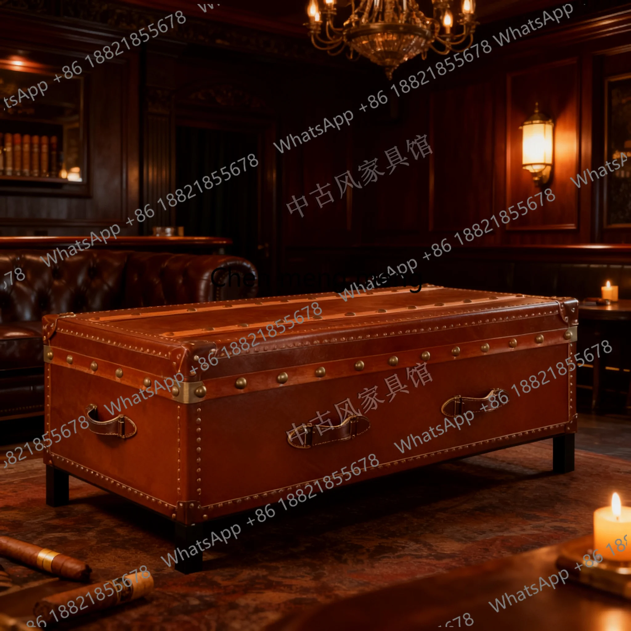 

Medieval retro leather coffee table square storage box metal rivet decoration wood oil wax leather coffee table