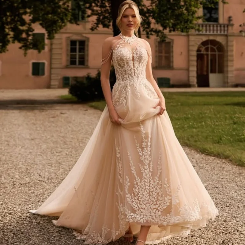 فساتين زفاف دانتيل عاجية مزينة بالدانتيل من فساتين الزفاف بدون أكتاف على شكل حرف A مصنوعة حسب الطلب #2