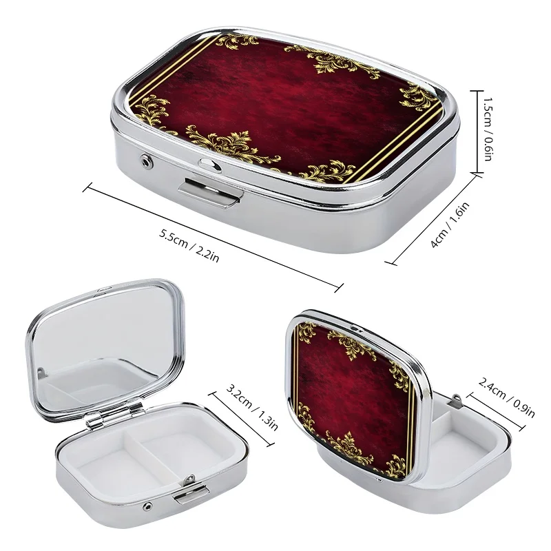 One Red Decorative Golden Square Pill Container with Two Compartments, Perfect for Organizing This Portable Storage Box Is Stylish and Compact, Making It Ideal for Travel and Easy to Carry in Your Wallet or Pocket, Great as a Travel Gift.