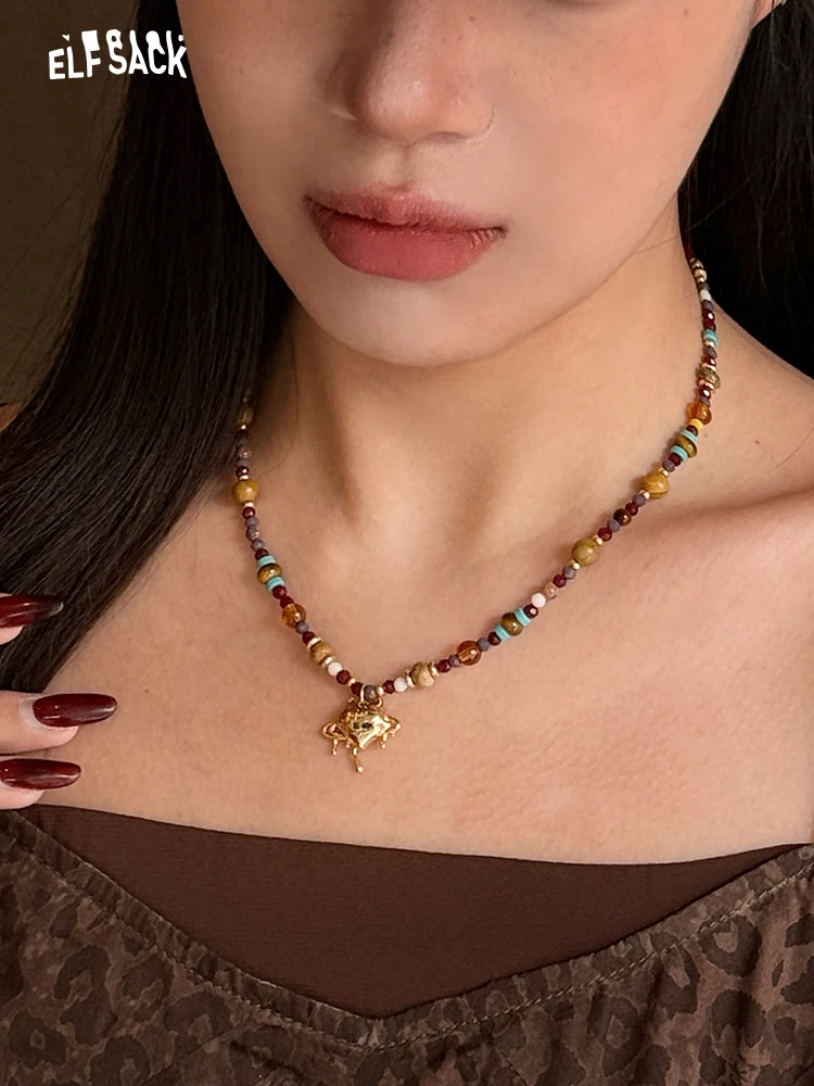 ボヘミアンスタイルハート型ペンダントビーズネックレス女性のファッションエルフサック-2026-新しいヴィンテージ鎖骨チェーンジュエリー