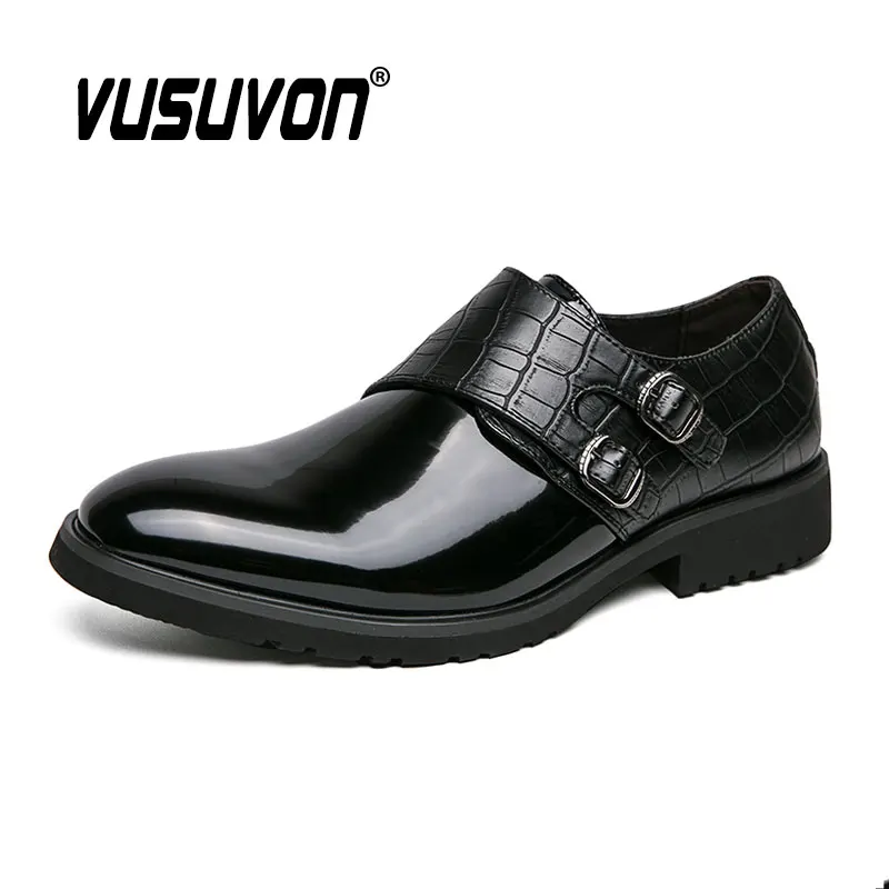 New Monk Shoes Double Buckle Slip-on Round Toe Daily Business Dress Loafers Comfortable Wear-Resistant Black Flats