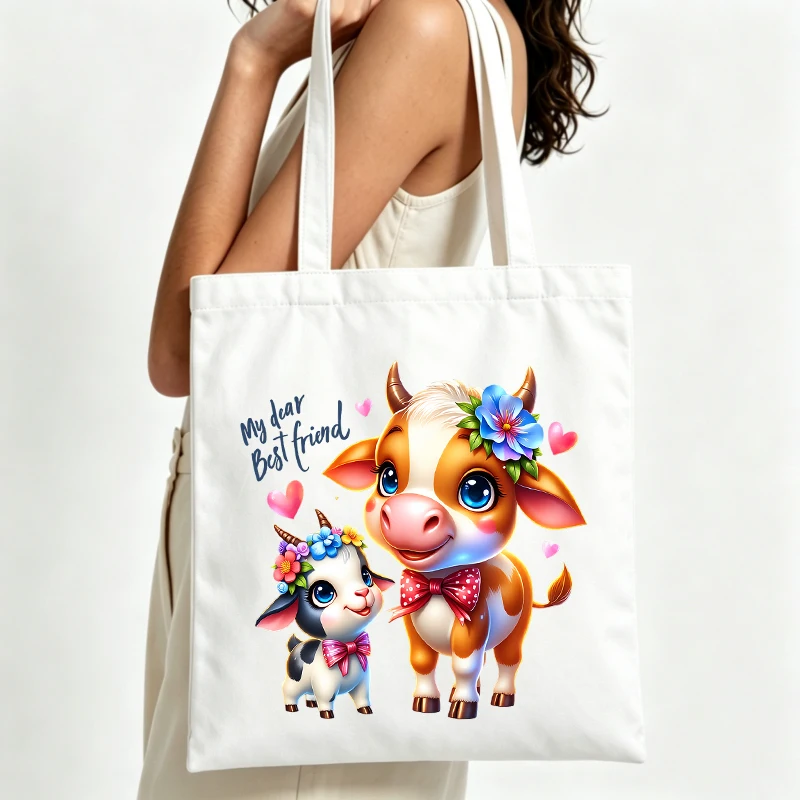 cute animal graphic canvas tote bag with floral accents, perfect for daily shopping and casual outings