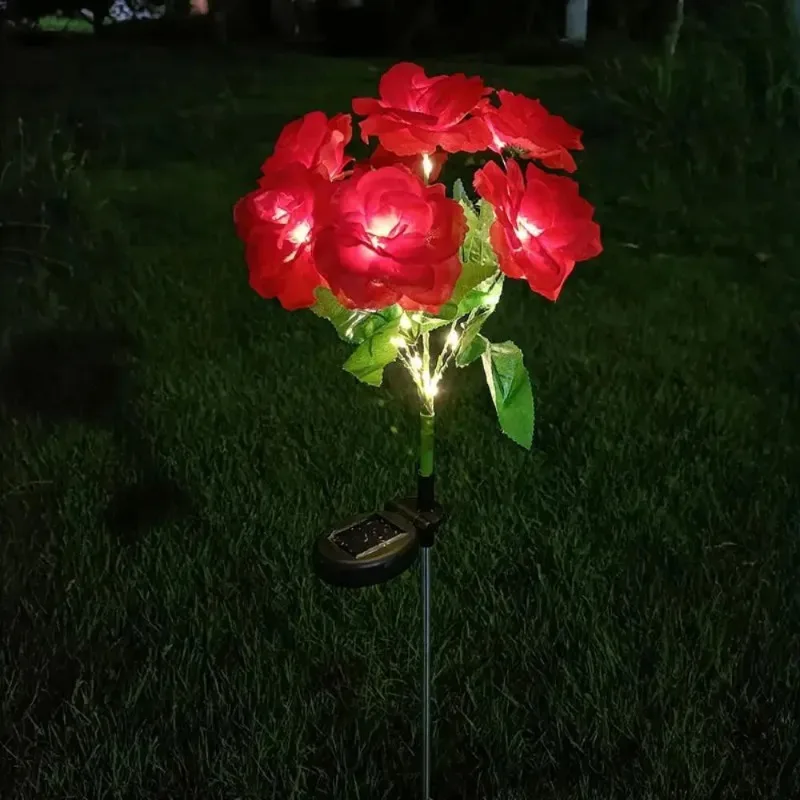 1 Bundle 7-Head Color Solar Rose Simulation Garden Light, LED Ground Inserted Atmosphere Decoration Light for Pathway Patio Gard