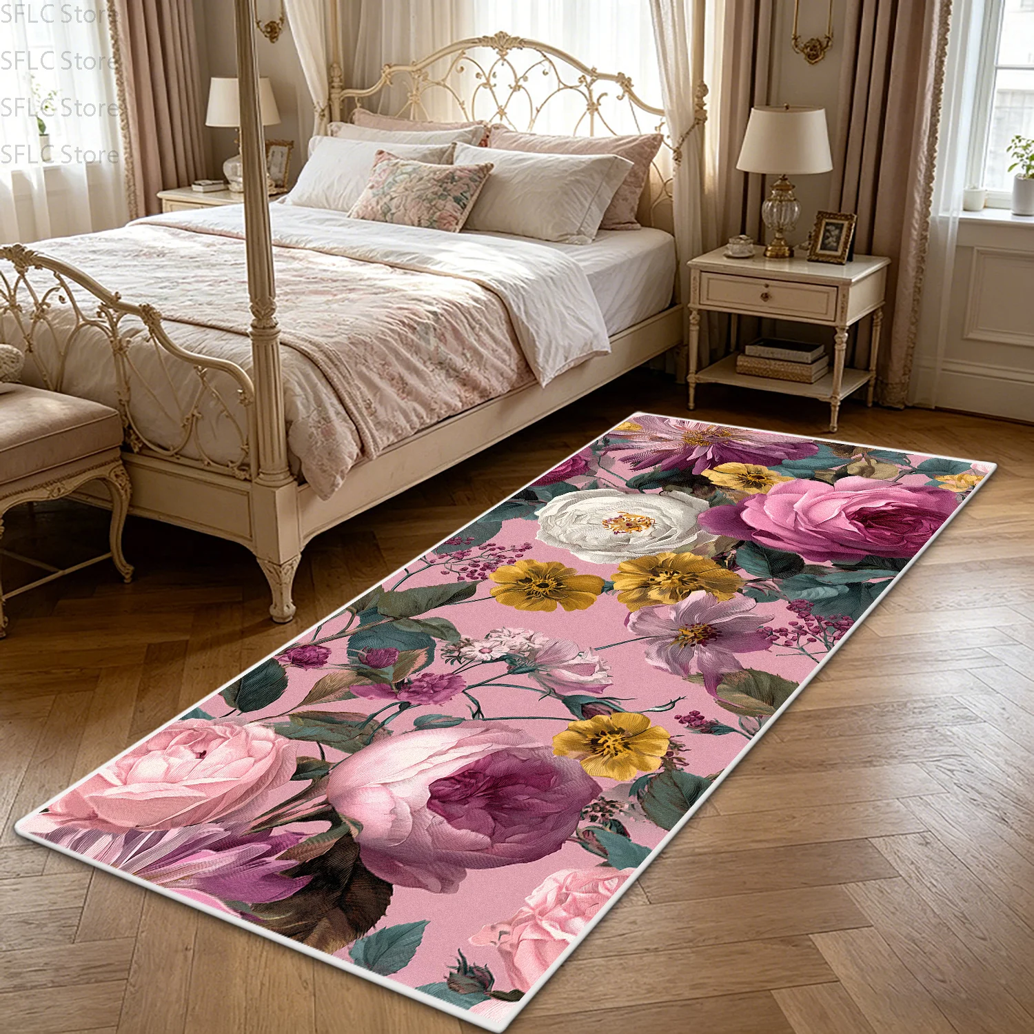 French Romantic Rose Style Bedside Soft Carpet Home Decoration Luxury Easy Clean Rug Non-slip Lint-free Motorcycle Big Floor Mat