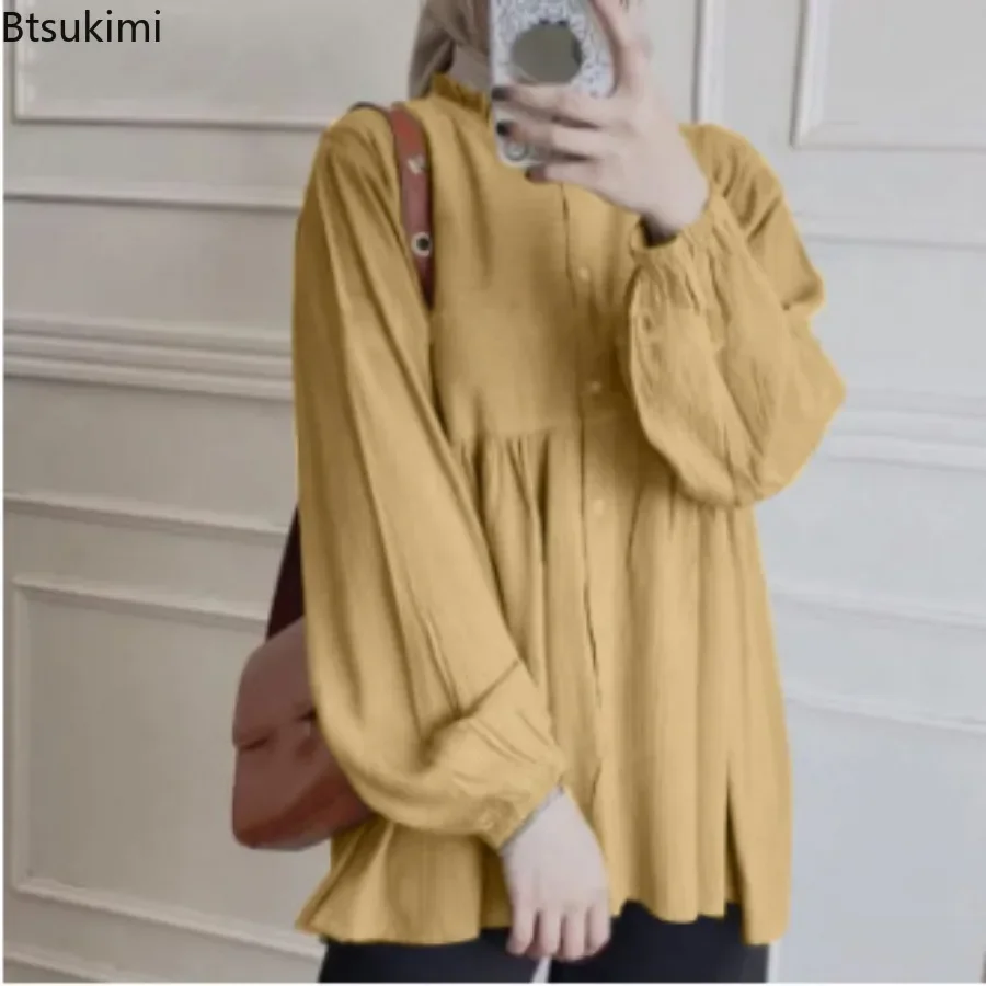 New 2025 Women's Long Sleeve Ruffles Blouse Spring Fashion Elegant Casual Loose Shirt Muslim Ramadan Turkey Tops Retro Versatile