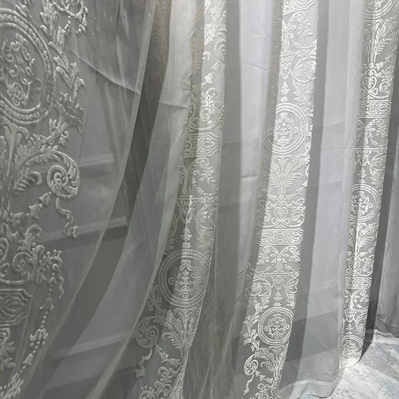Court Romantic Style Grey Green Velvet Embroidered Curtains For Bedroom Living Room High Window French Window Villa Custom
