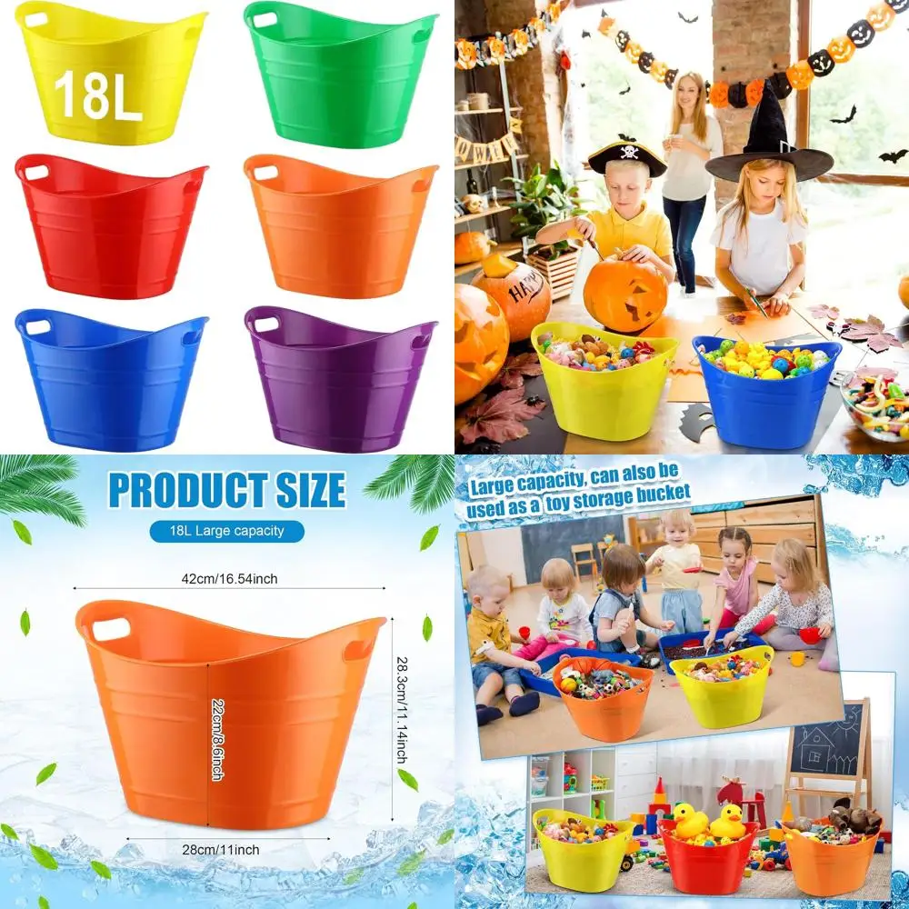 

6-Pack Plastic Ice Buckets with Handles, 18L Oval Tubs for Parties, Bars, and Beverages