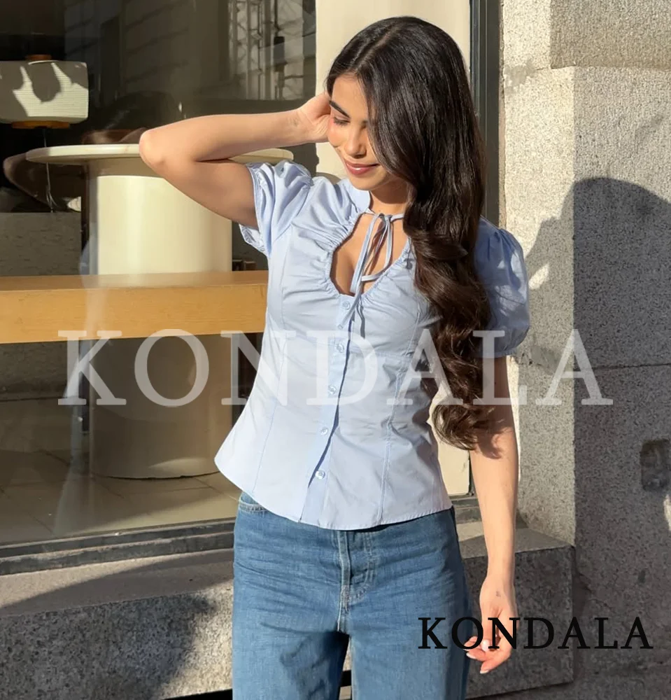 KONDALA Elegante Schlanke Schleifentops für Damen Lässige Niedliche Himmelblau Knopf-Hemden Neu 2026 Frühling Sommer Mode Urlaub Büro Damen-Oberteil