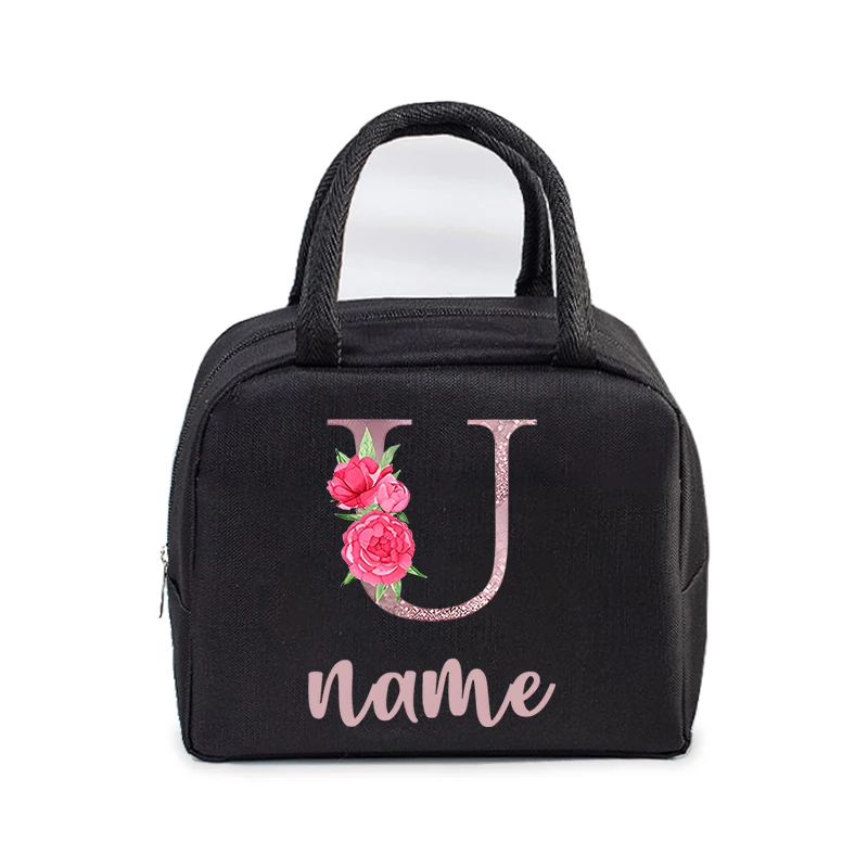 Custom Initial with Name Insulated Lunch Bag for Women Men Kids Cooler Pouch Thermal Pouch Portable DIY Flower Letter Lunch Bag