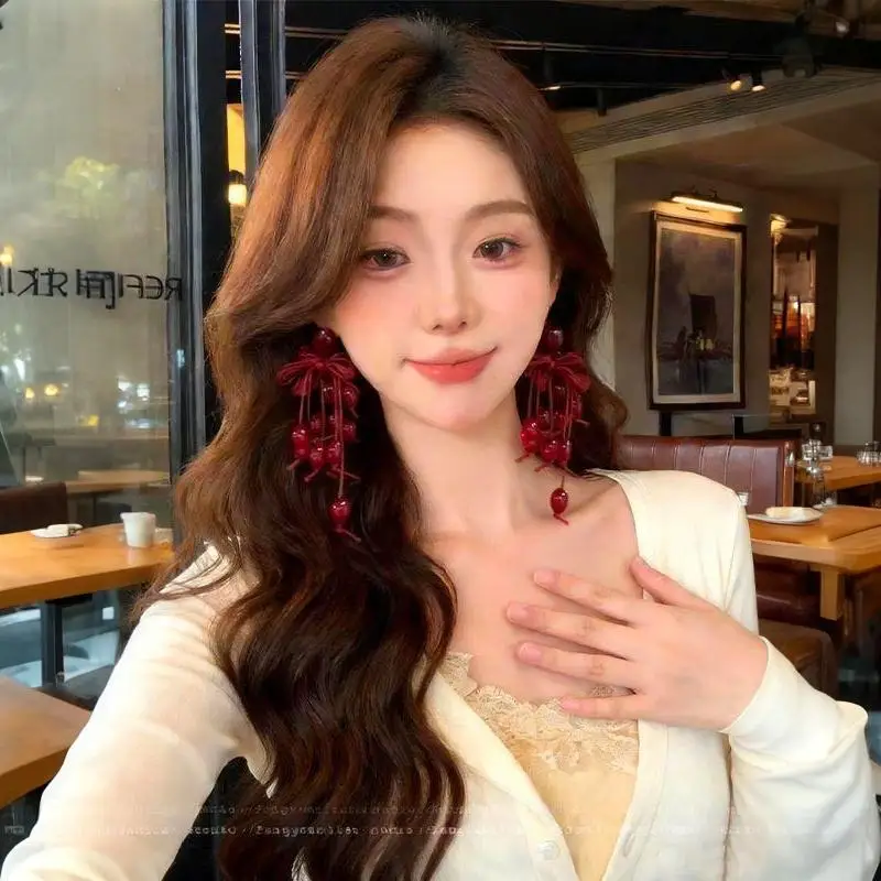 Statement Lucky Red Earrings Personality Big Ribbon Knot Tassel Long Drop Earings Jewelry For Women Korean Style