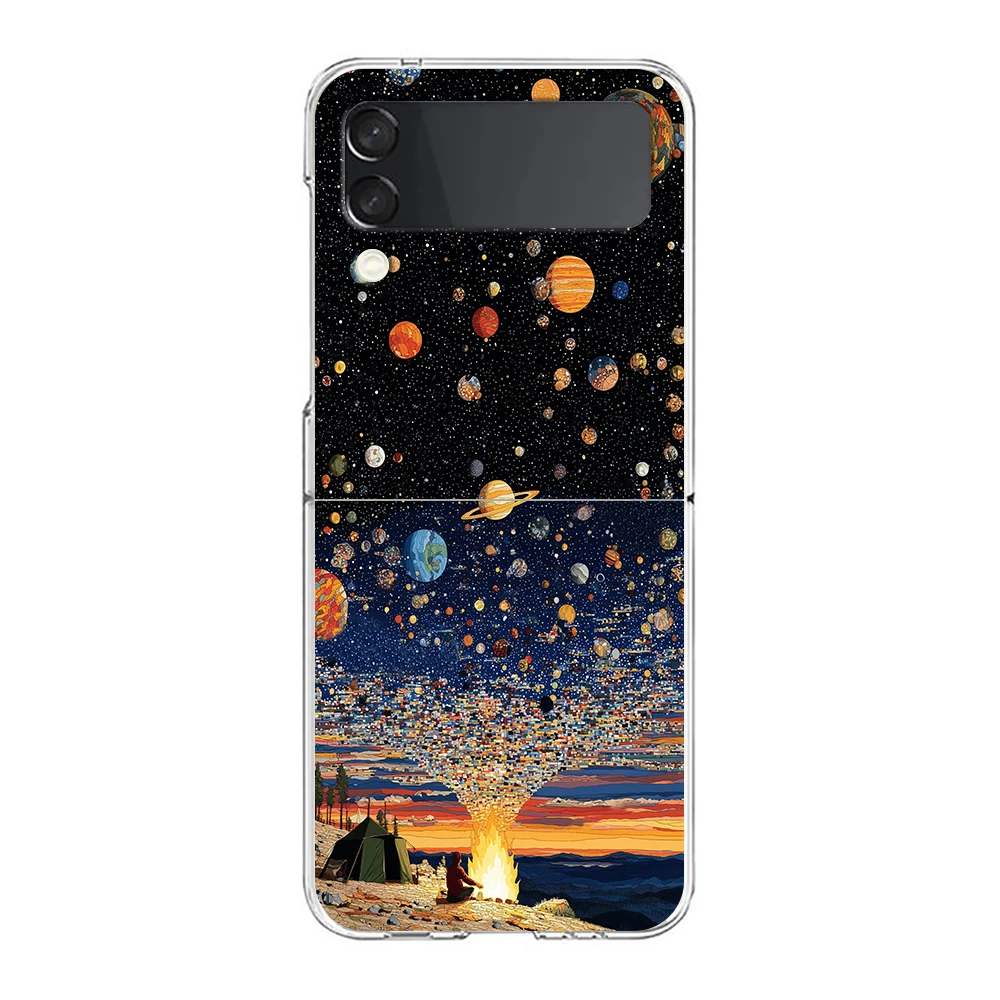 Phone Cover For Samsung Galaxy Z Flip 7 6 5 4 Case Transparent For Samsung Z Flip 3 Hard PC Foldable Shell Planet Present Capas