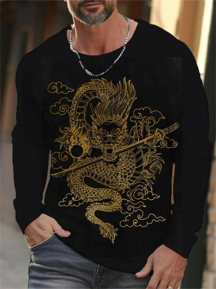 2024 New Fashion New Trend Street Style Animal Dragon 3D Printing Cool T-Shirt Warm Fashion Casual Men's Long Sleeve Round Neck