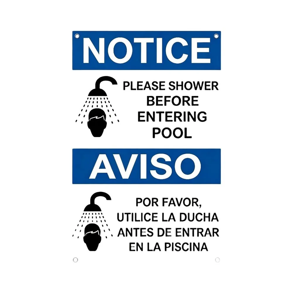 12x8 Inch Pool Shower Notice Tin Sign Bilingual English Spanish Blue Metal Sign for Outdoor Pool Areas Spas Hotels Durability