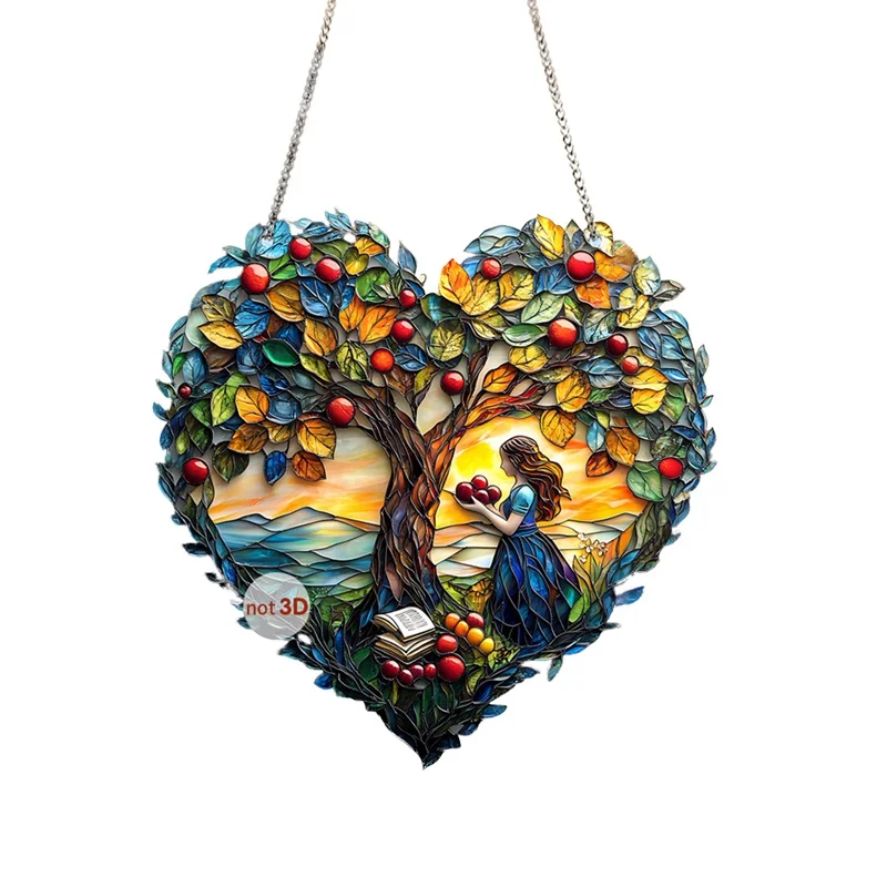 Heart Shape Hanging Suncatchers 2D Colorful Tree Window Decoration Wall Art with Chain for Home Office Present