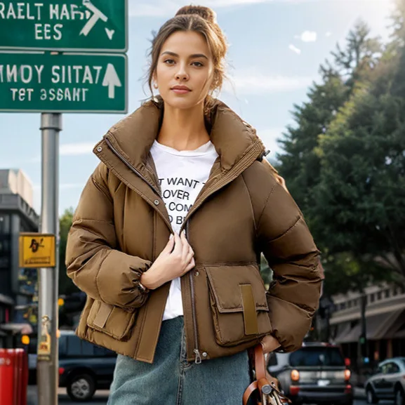 

Зимняя куртка на хлопковой подкладке, женский короткий пуховик в корейском стиле с большими карманами, простой дизайн для уличных поездок