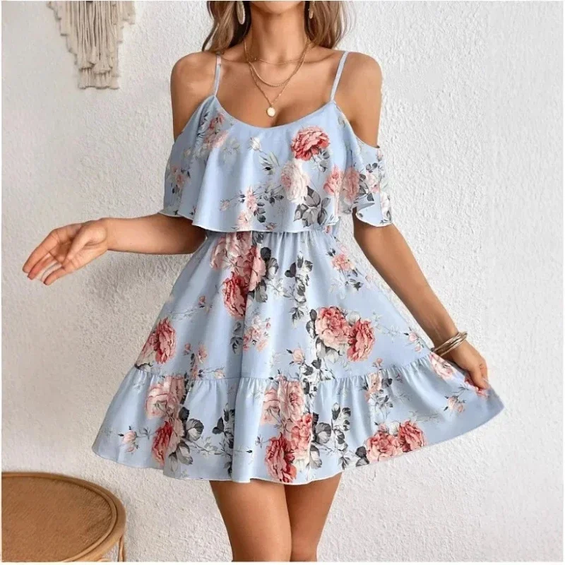 Women Bohemian Suspender Mini Dress Floral Printed Double Flounce Romantic Vacation Dress Off Shoulder Beachwear Skirt