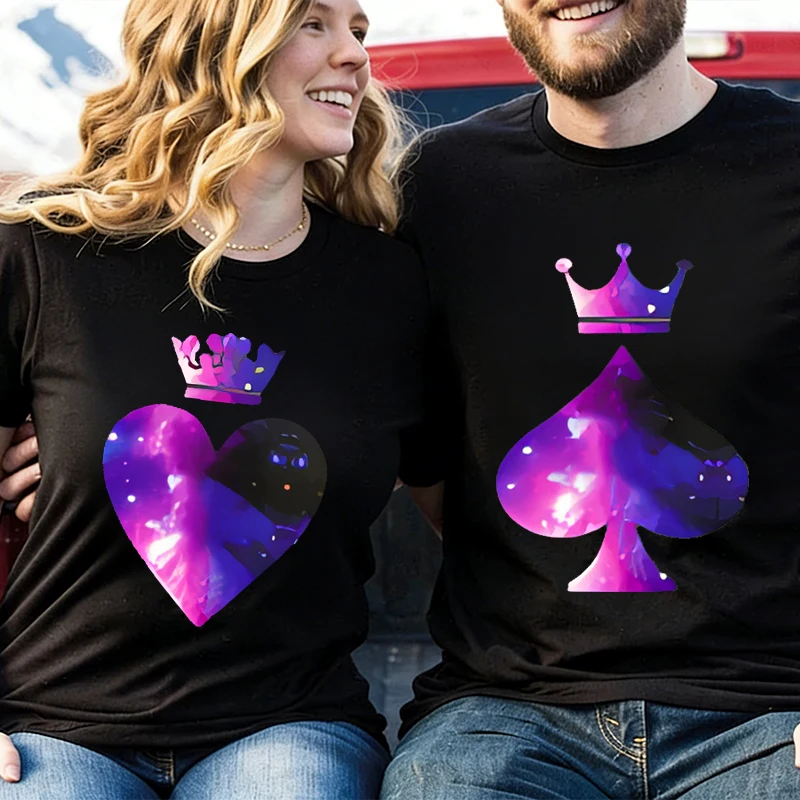 

Vintage King Queen Couple T-shirts Women Men Short Sleeve His & Hers Shirt Fashion King Queen Matching Tees for Anniversary Gift