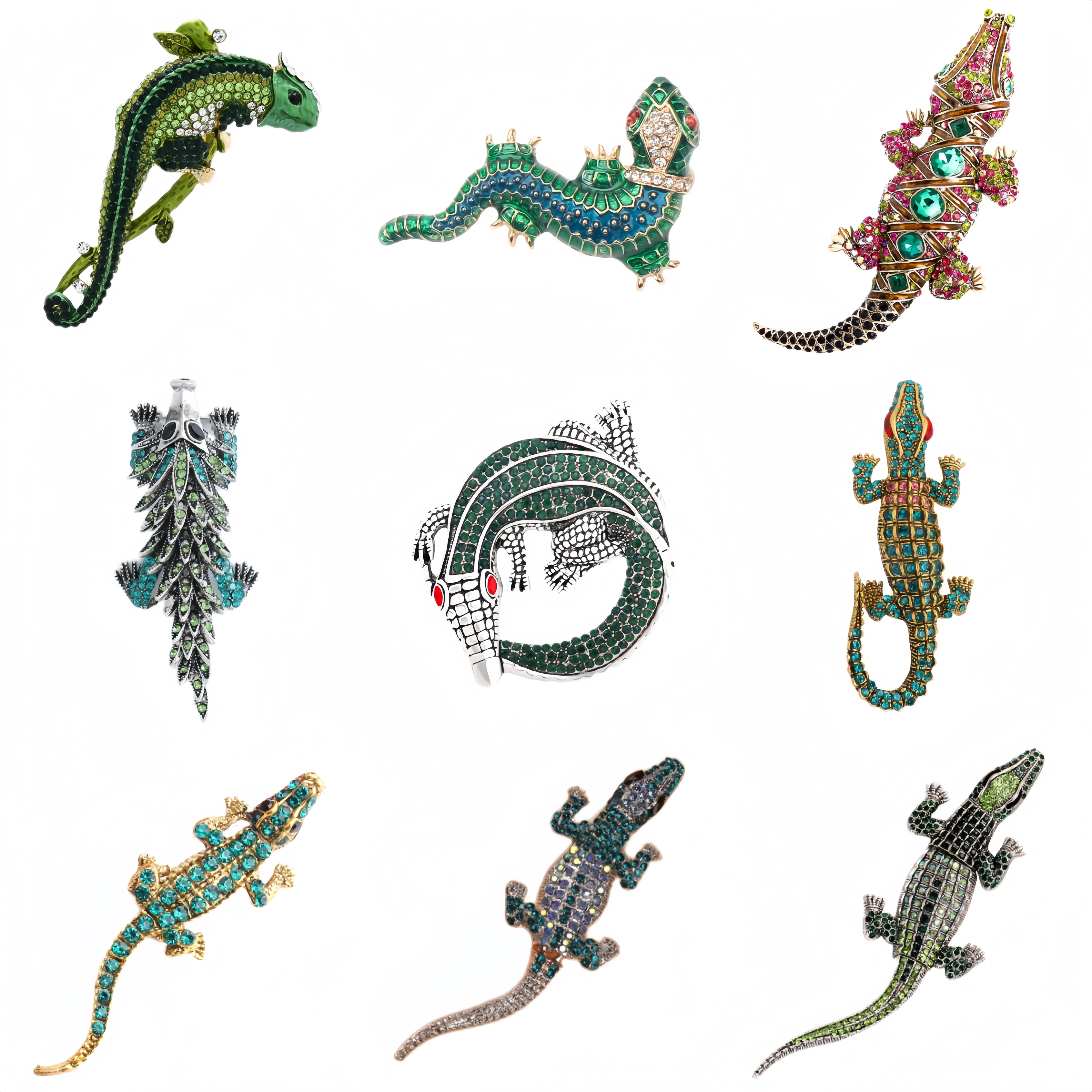 Essh&Pule Vintage Lizard Crocodile Brooch Multicolor Rhinestone Enamel Reptile Lapel Pin Women Jungle Suit Coat Animal Jewelry