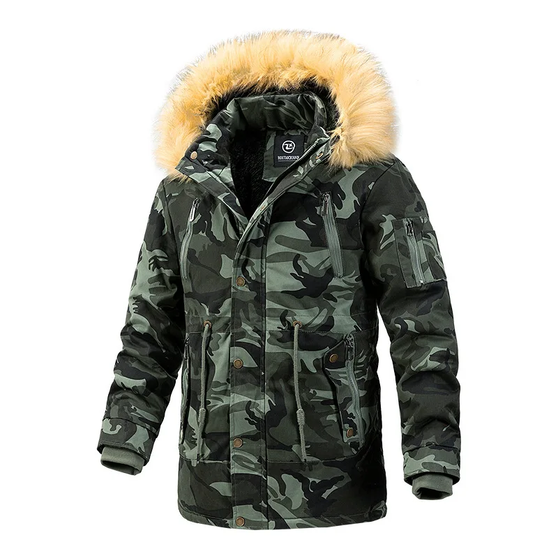 

Winter Hooded Men's Cotton Jacket Men's Outdoor Plush and Thickened Slim Fitting Mid Length Camouflage Cotton Jacket