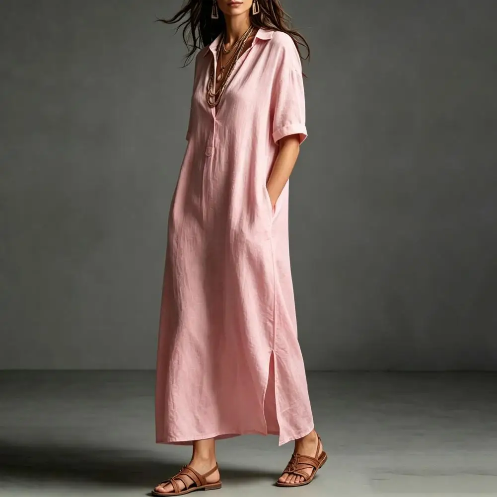2026 Baumwoll-Leinen Maxikleid mit Revers und V-Ausschnitt für Damen – Lässiges, lockeres Midikleid mit kurzen Ärmeln aus weichem Stoff
