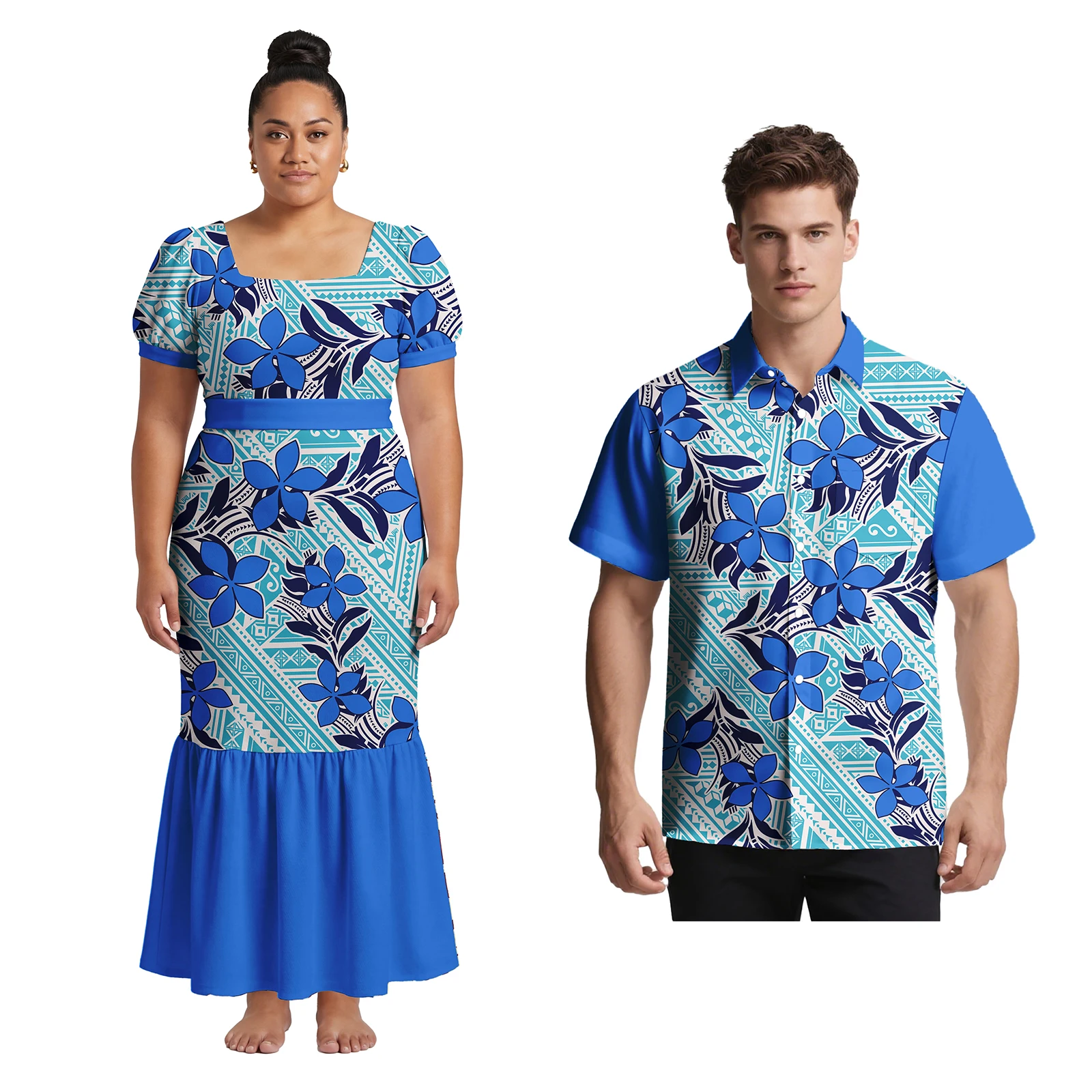 Hot Sale Holiday Polynesian Men Shirts Women Square Neck Lace-up Samoan Dress Hawaii Elegant Flowers Tribal Print Couple Outfits