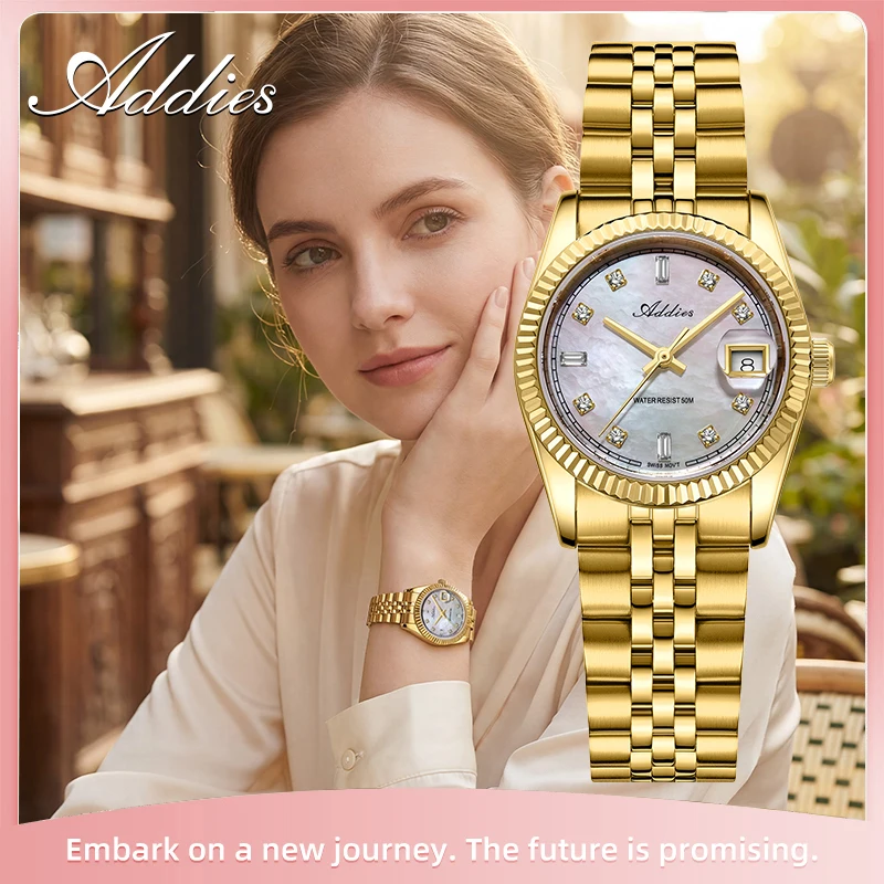 

Addies 28mm Business Ladies Quartz Wristwatch Sapphire Glass Czech Rhinestone Mother-Of-Pearl Dial Watch 316L Stainless Steel